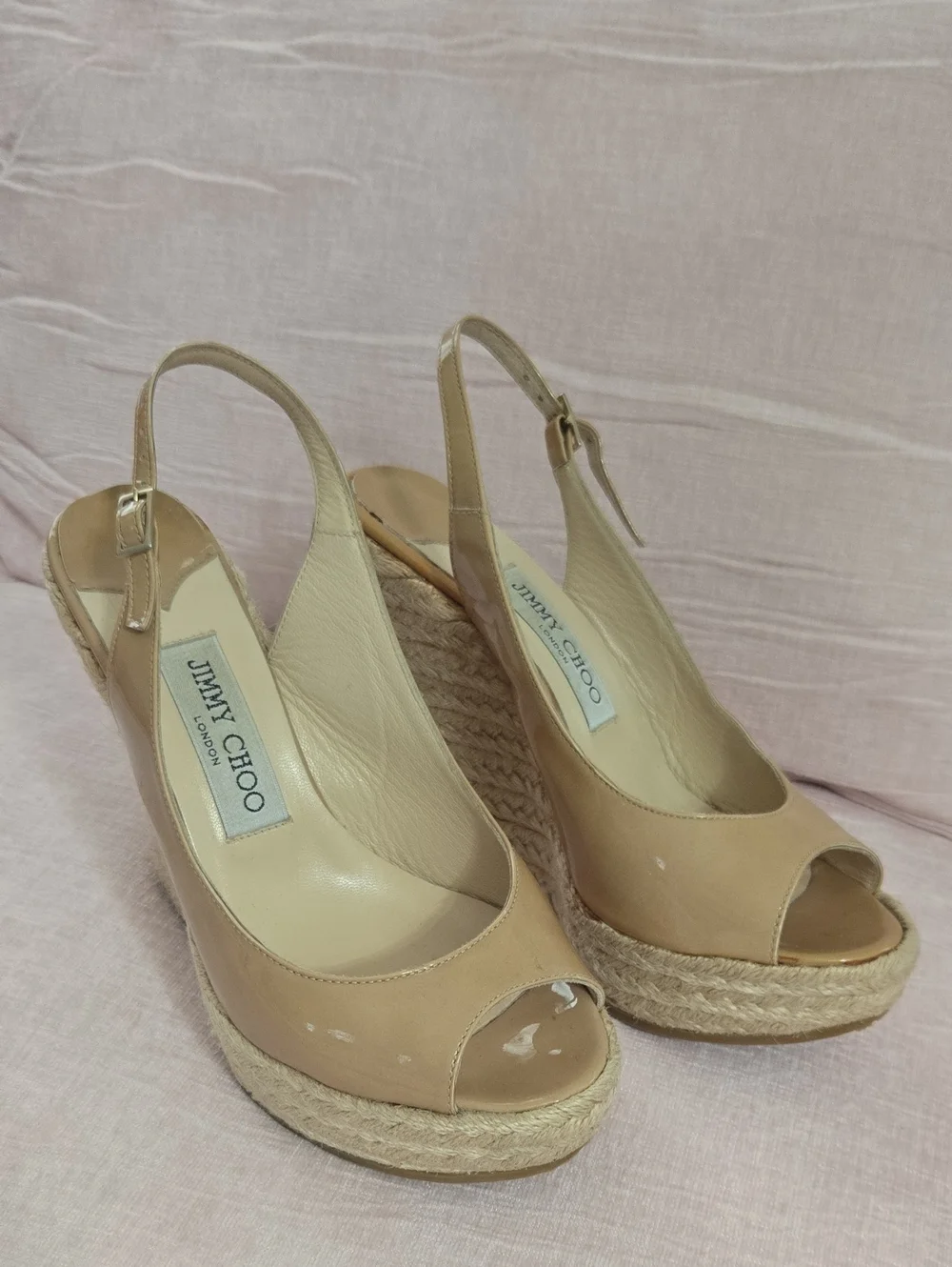 Jimmy Choo Beige Leather Peep-Toe Wedge Espadrilles